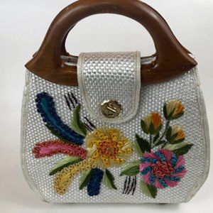 Vintage Bags by Whidby Floral Embroidered Straw Purse Tote Wooden Handles